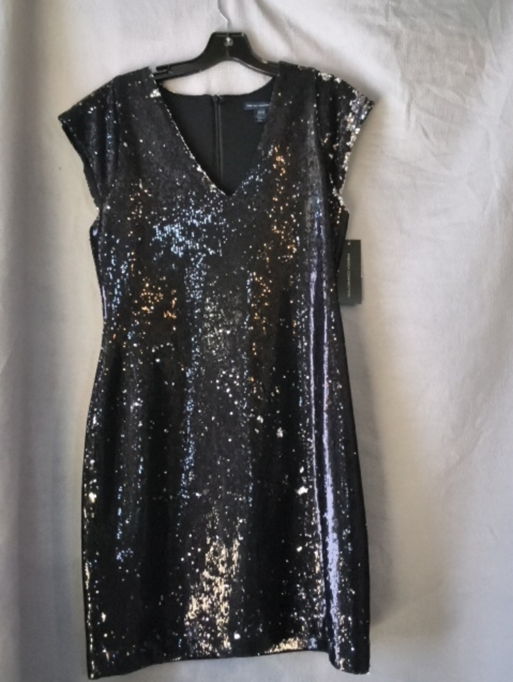 French Connection Black Sequin V-Neck Cap Sleeve Mini Dress 10 NWT